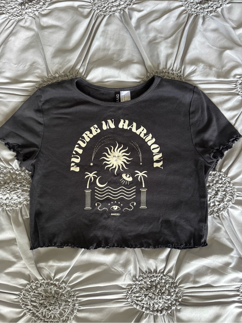 H&M Black Crop Tee with Cream 'Future in Harmony' Graphic